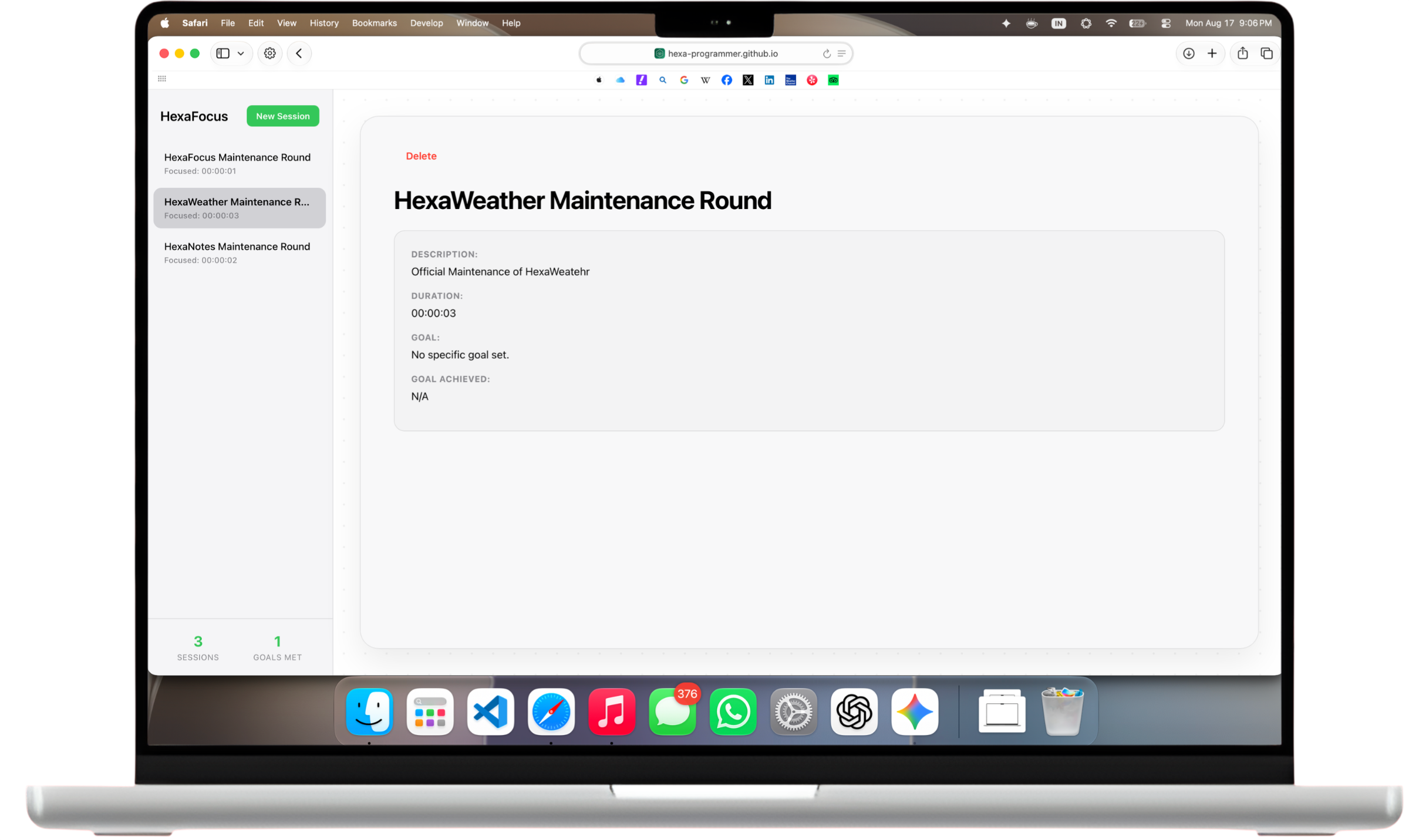 HexaFocus Application Interface displaying a focus session