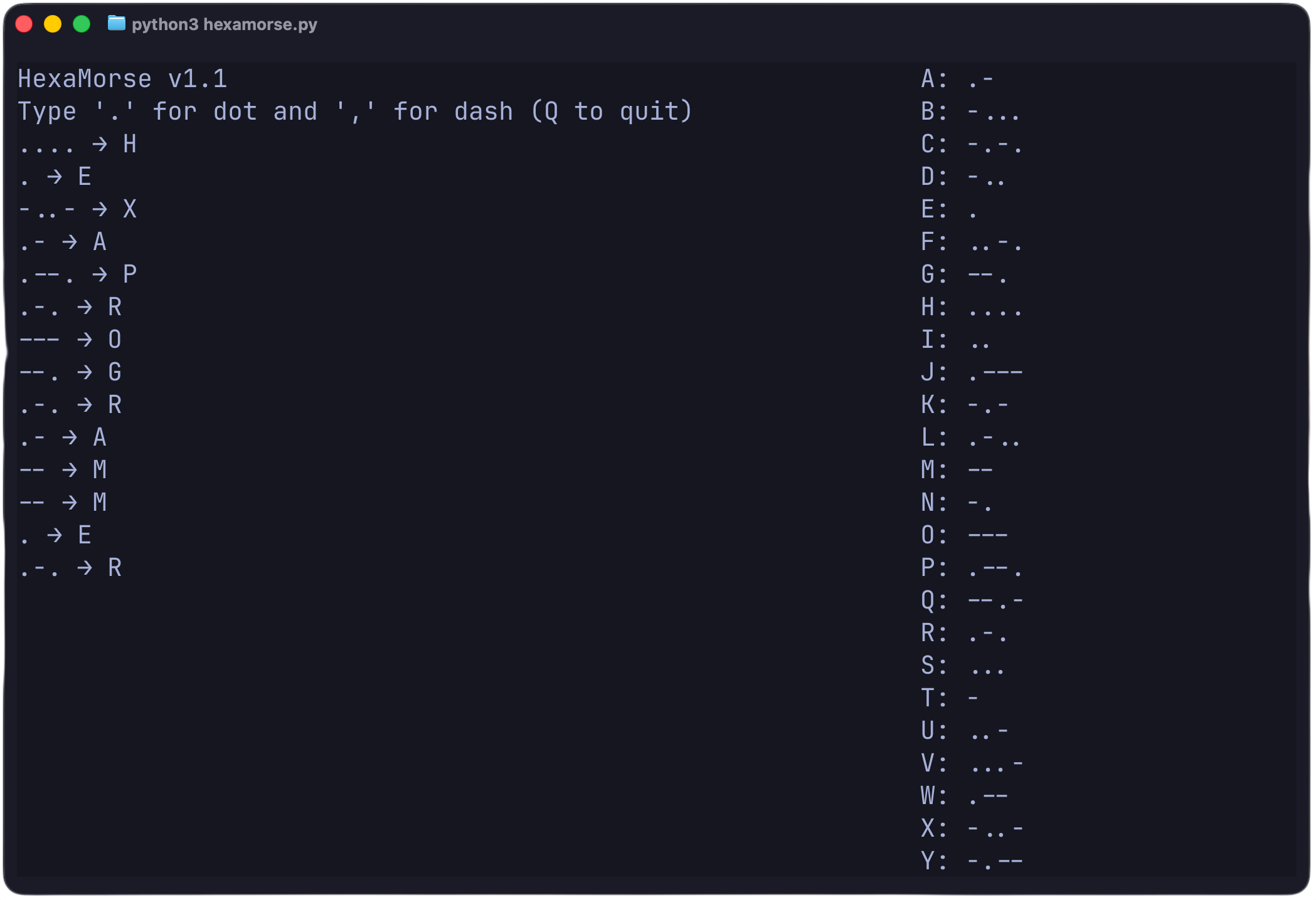 HexaMorse terminal interface decoding morse code in real-time