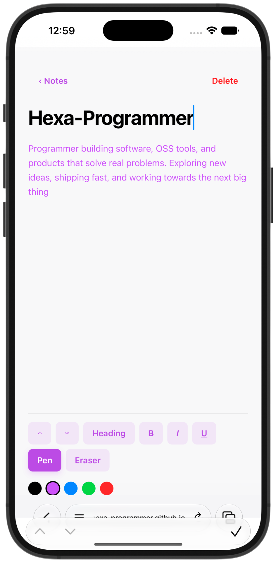 HexaNotes Application Interface displaying notes