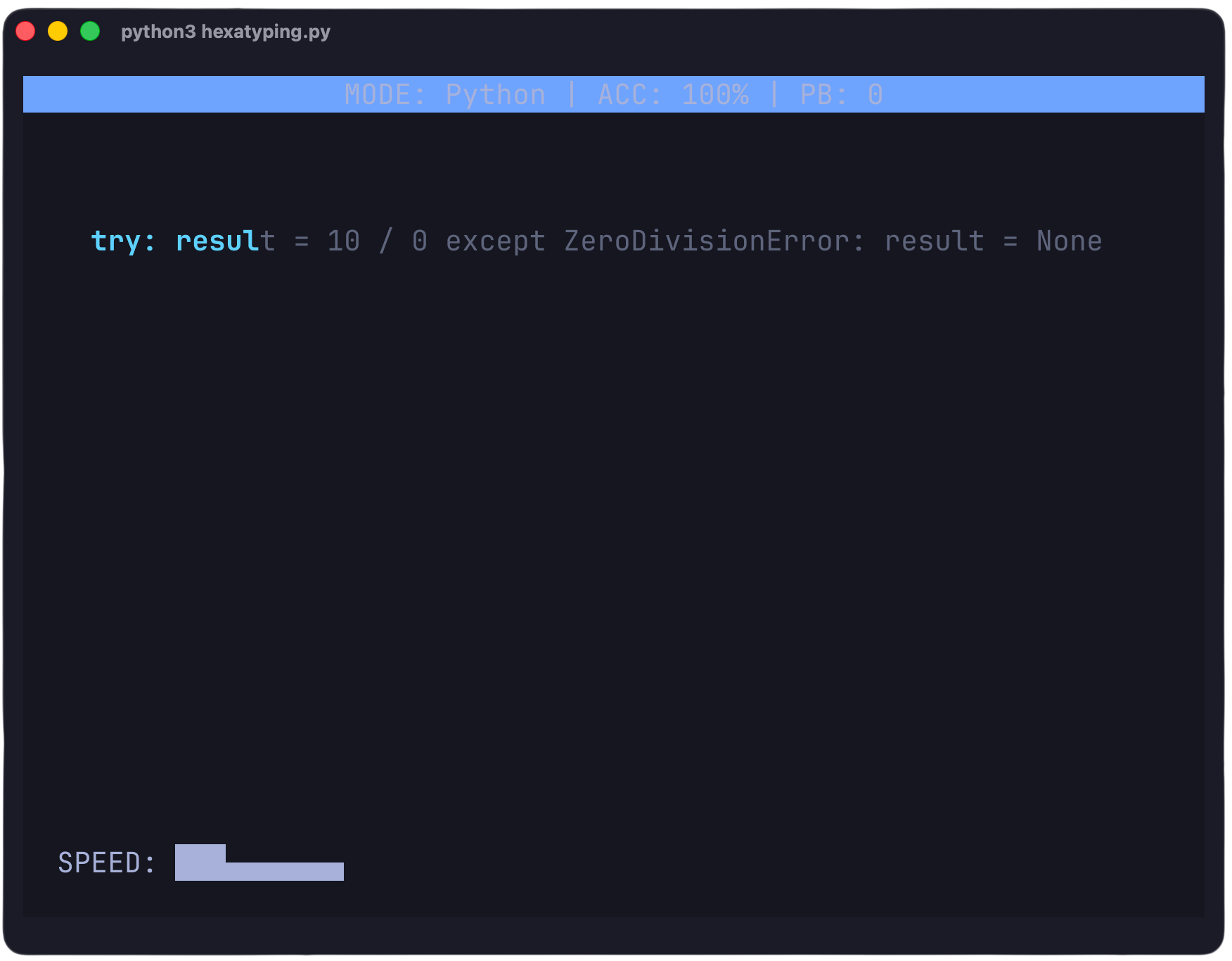 Hexatyping terminal interface running a typing test