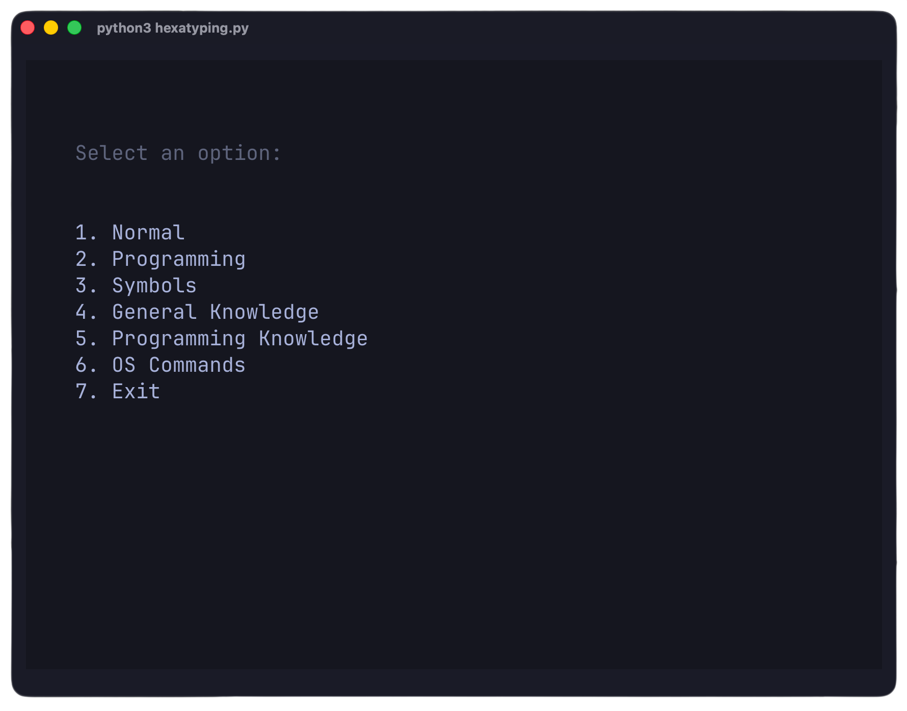 Hexatyping terminal interface showing live WPM and accuracy metrics