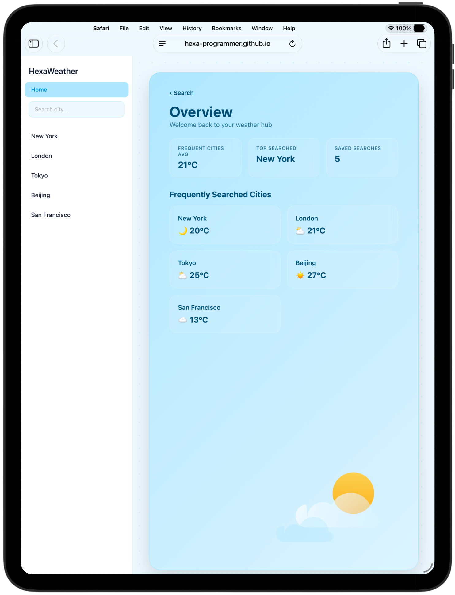HexaWeather Application Interface displaying weather forecast